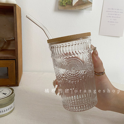 玻璃杯浮雕太阳花咖啡杯家用水杯