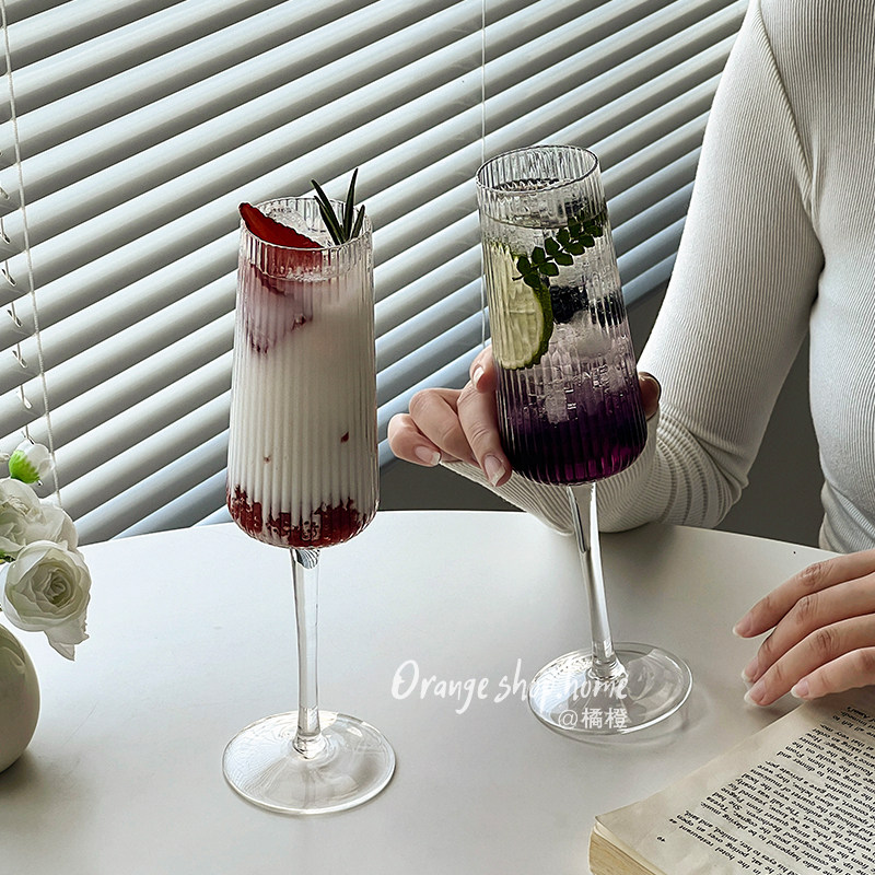日式条纹玻璃高脚香槟杯家用高颜值苏打水气泡杯甜酒杯鸡尾酒杯子,餐饮具,玻璃杯,淘宝优惠券,粉丝福利购,淘宝优惠卷