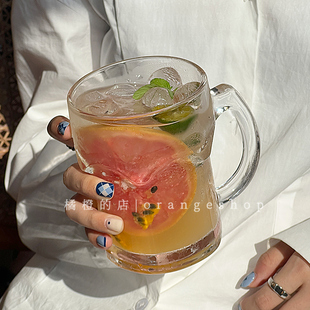 玻璃杯大容量水果茶杯带把饮料冷饮果汁杯夏季 家用喝水杯子啤酒杯