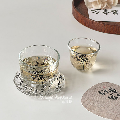 橘橙复古水墨竹国风小茶杯茶具家用透明玻璃杯陋室铭冰川碟子茗杯