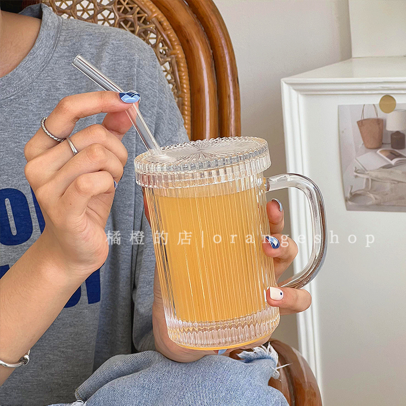 带把手吸管玻璃杯带盖家用喝水杯