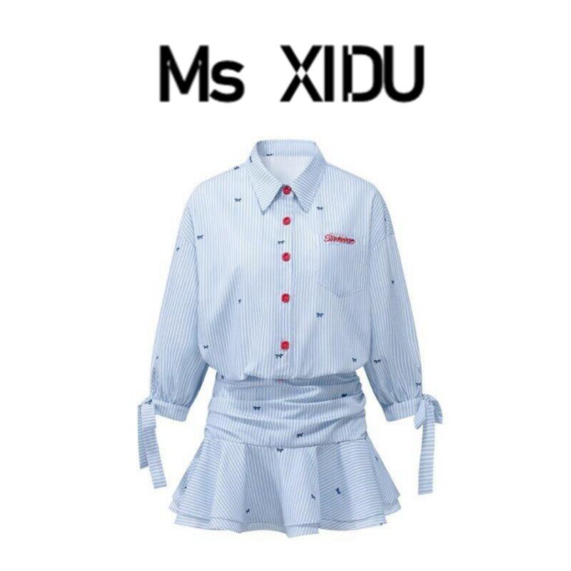 Ms XIDU studio翻领中袖收腰衬衫裙蓝白条纹洋装荷叶边百褶裙夏