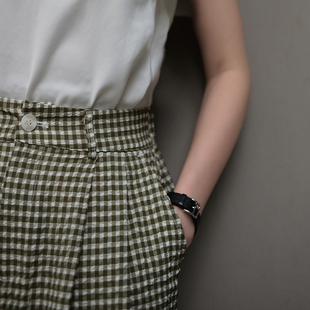 【舒展】小格子拼色凹凸纹理阔腿裤中腰显瘦宽松百搭休闲裤女 P60