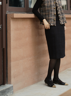 【流星】黑桃园中长款直筒H粗花呢半裙显瘦隐形拉链铅笔裙 D144