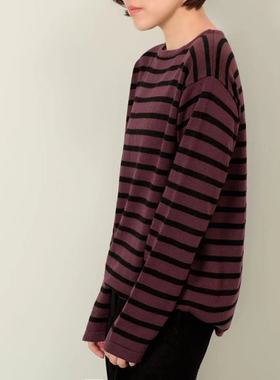 【 黑紫色小调 】黑桃园简约条纹针织衫套头圆领毛衣女冬季T47
