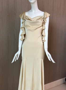 法式度假风赵露丝同款轻奢荡领吊带修身包臀显瘦荷叶边连衣长裙