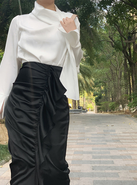 2023春夏法式复古高腰不规则荷叶边设计感中长款包臀铅笔半身裙女