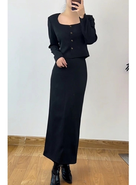 2023秋冬法式复古方圆领单排扣气质上衣西装套装高腰一步半身裙女