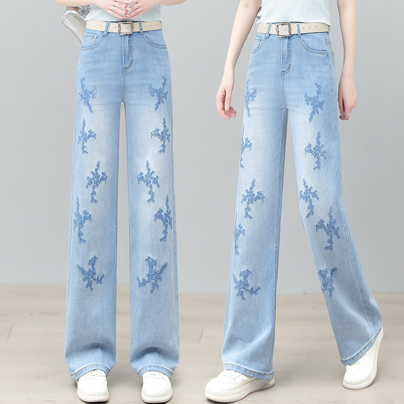 高端重工刺绣蓝色直筒阔腿牛仔裤女高腰2025春秋宽松显瘦休闲长裤
