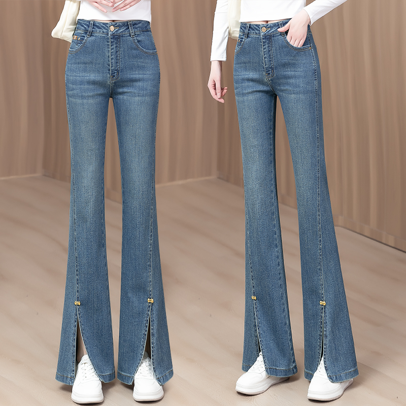 春秋马蹄牛仔裤子开叉高腰修身
