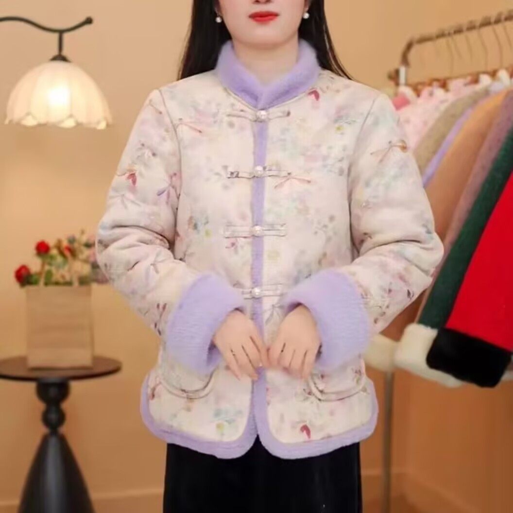 新中式国风加绒立领棉服外套中年中老年女装