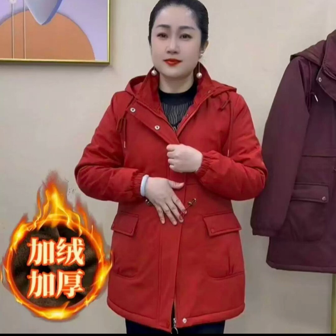 妈妈装中老年冬季新款加绒加厚保暖连帽外套中长款宽松大码派克服