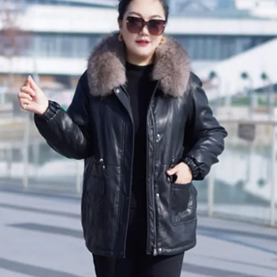 女士皮衣加绒大毛领手长款 宽松女装 时尚 休闲派克服大码 厚款 冬季