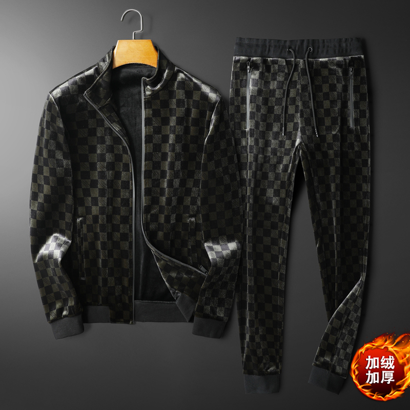 2024秋冬装金丝绒加厚加绒拉链套装钱塘6016-GTR66-p160平铺深咖,男装休闲套装,钱塘6016