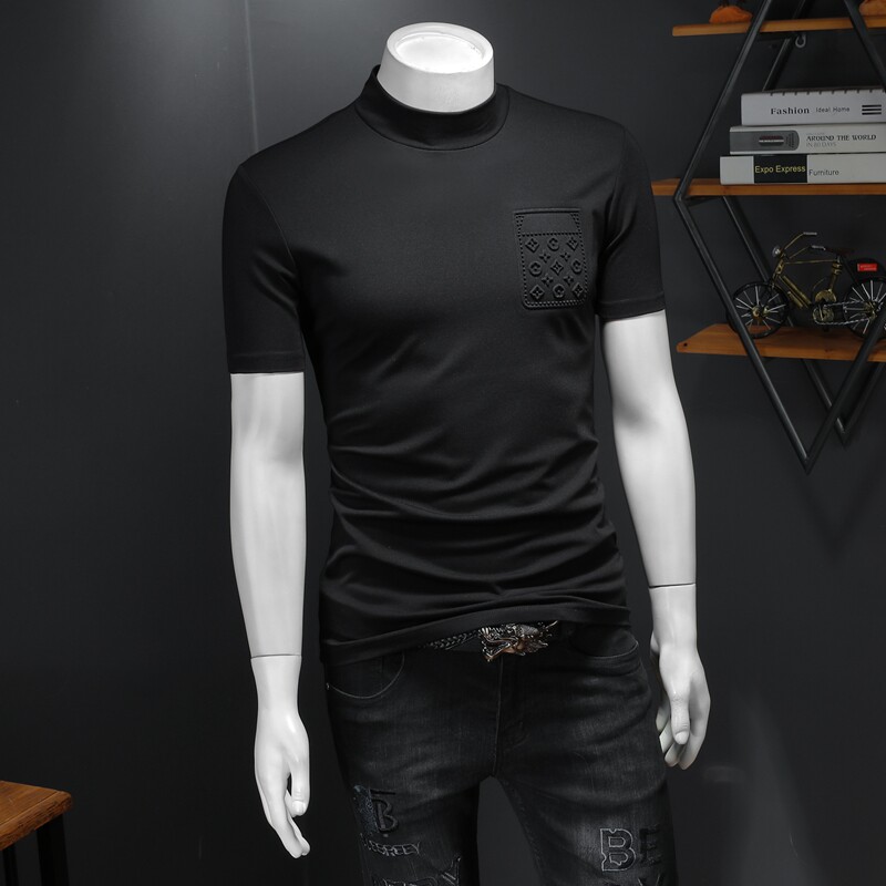 钱塘6016-CC912-P70加绒加厚小高领打底衫短袖T恤男中领黑,男装T恤,钱塘6016