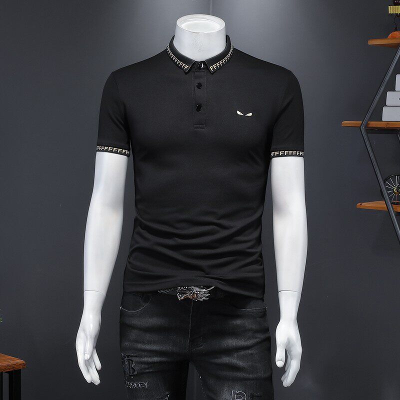 2024新款夏短袖打底衫男T恤POL衫翻领小衫钱塘6016-E0220-P75黑，男装Polo衫，钱塘6016
