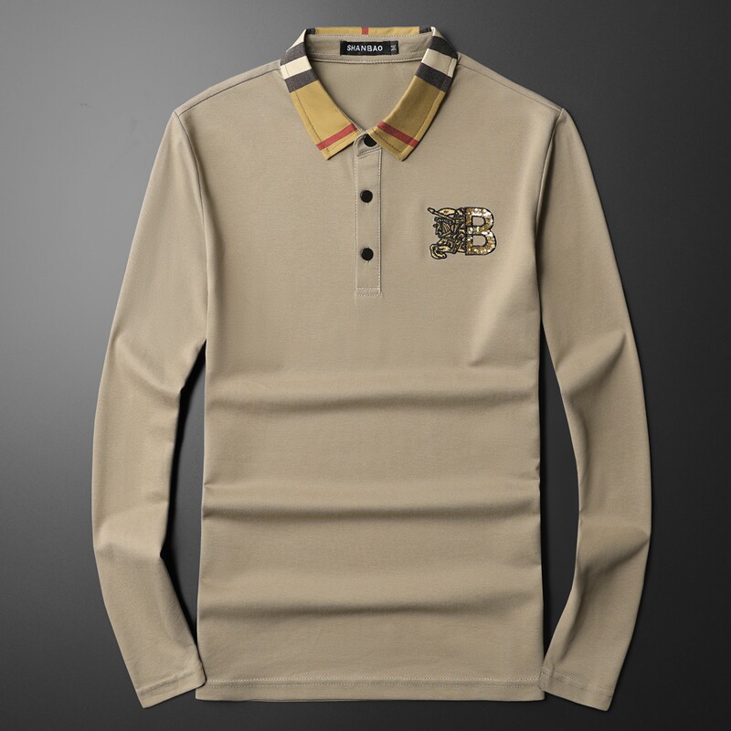 新款春季长袖打底衫男T恤翻领polo衫6016-E2930-P85杏平铺,男装Polo衫,钱塘6016