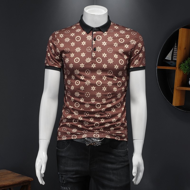 2024新款短袖polo领衫风印花半袖T恤钱塘6016-E0341-P65咖啡，男装Polo衫，钱塘6016