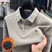 啄木鸟男士 加绒加厚毛衣中年假两件格子一体绒爸爸保暖羊毛打底衫