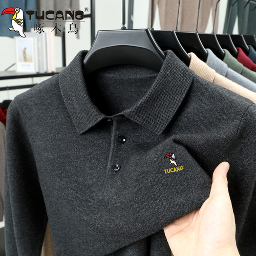 啄木鸟秋冬新款男士加厚羊毛衫中年爸爸羊绒POLO衫宽松翻领针织衫