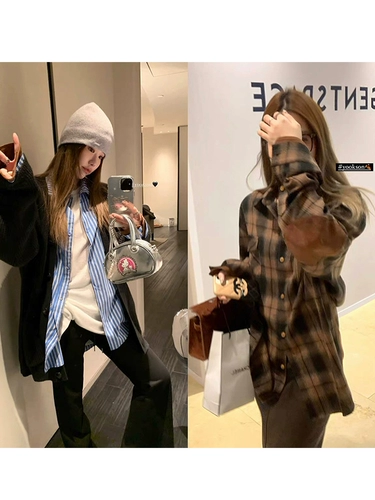 Heygirl Black Brother Edinburgh замшевая клетчатая клетка+полосатая контрастная цветовая рубашка Женская осень дикая длинная рубашка