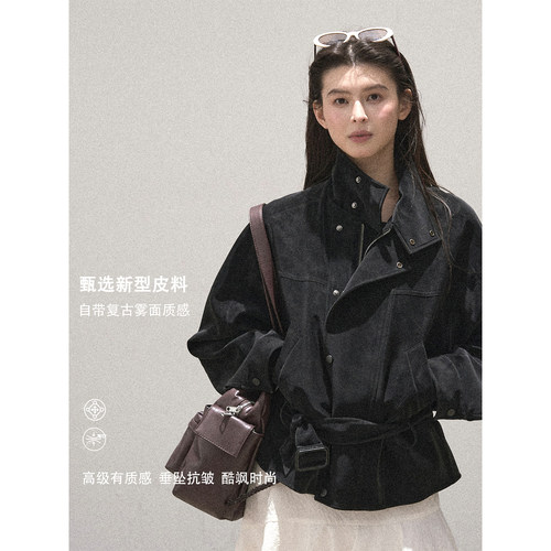 HEYGIRL黑哥费城旧刊 雾感皮质复古廓形立领宽松收腰显瘦皮衣外套