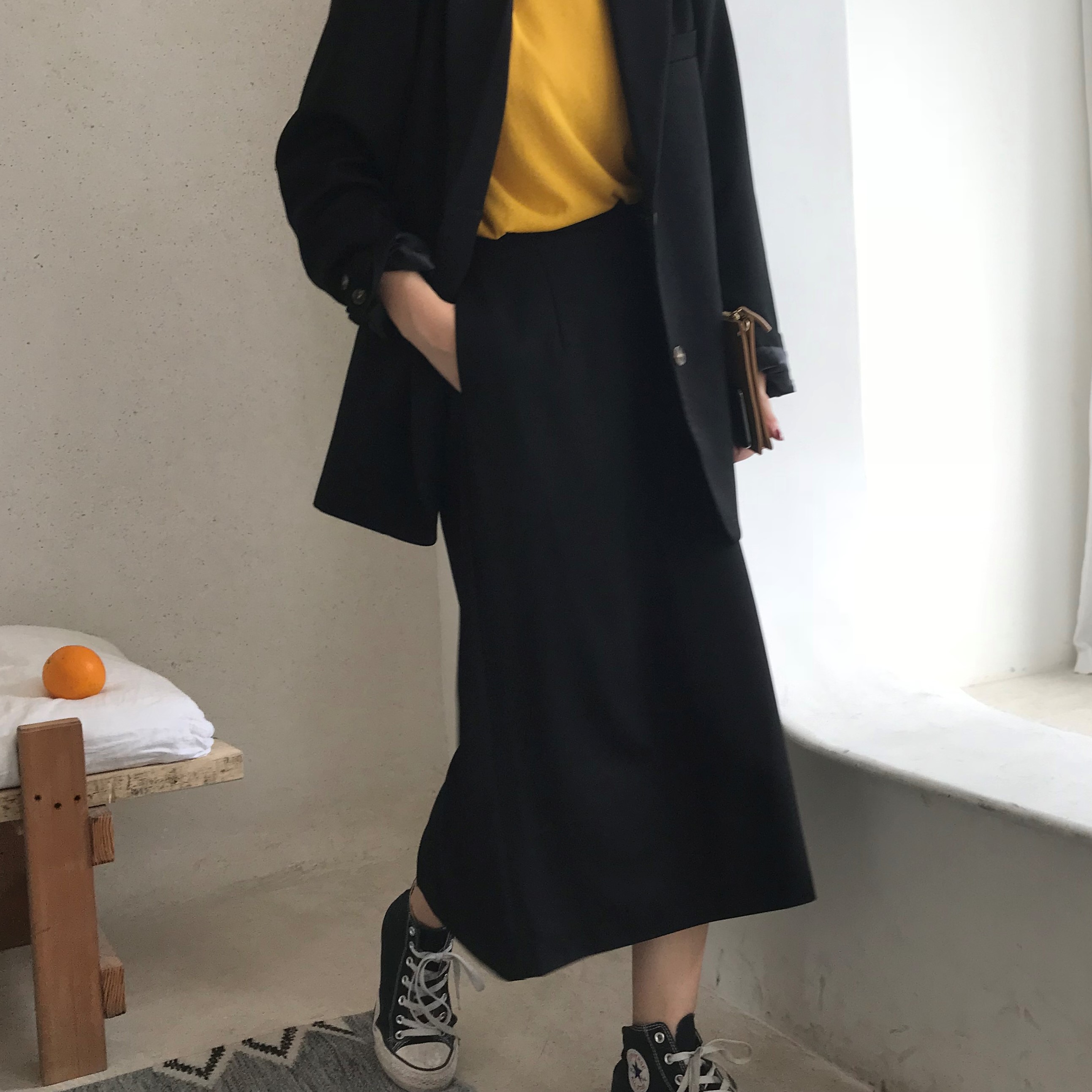 HGºÚ¸ç ¸ßÑüÏÔÊݺÚÉ«Î÷×°°ëÉíȹŮ ¿ª²æA×Öȹ°Ù´î³¤È¹2018Çïпî