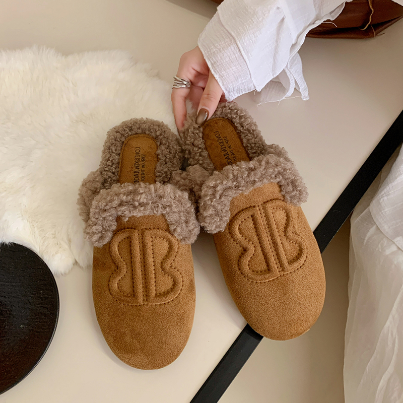 洋气时尚毛毛拖鞋女外穿秋冬季居家休闲一脚蹬加绒保暖勃肯半拖鞋