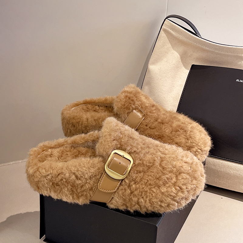 包头毛毛拖鞋女外穿超火秋冬季新款时尚皮扣懒人一脚蹬休闲半拖鞋