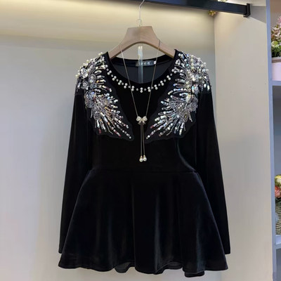 胖妹妹气质重工2025钉珠港风百搭上衣金丝绒显瘦衬衫套头打底衫潮