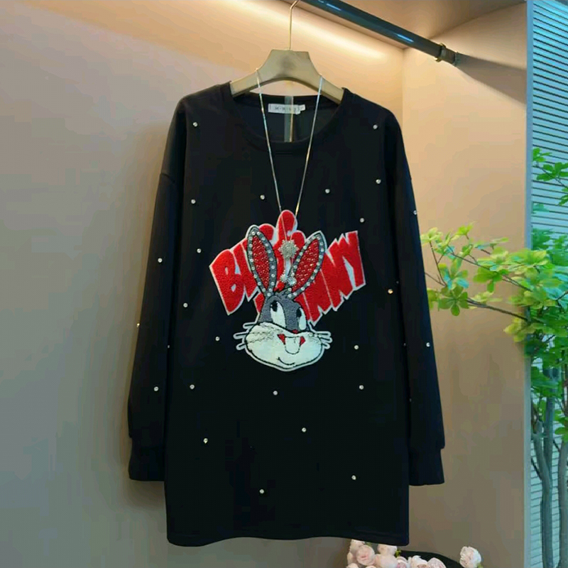 2025秋季减龄新款大码女装胖MM圆领字母长袖中长可爱风宽松型上衣