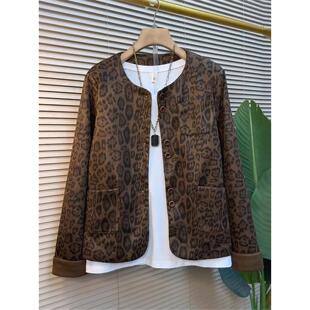 新款 洋气豹纹简约感圆领挽袖 大码 时尚 显瘦外套 女装 胖妹妹2025秋季