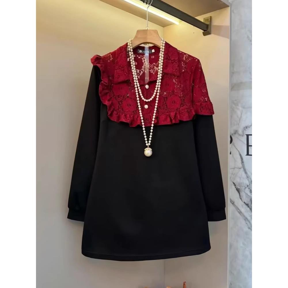 大码胖MM蕾丝拼接设计感长袖上衣加肥加大宽松百搭显瘦遮肚内搭潮