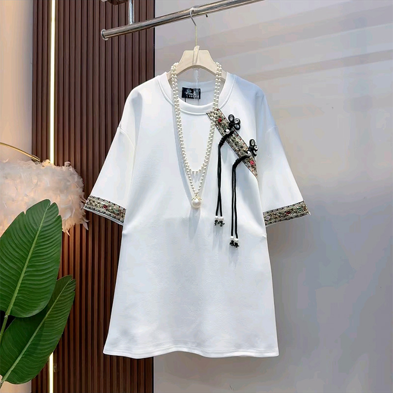 新中式盘扣斜襟圆领半袖T恤衫新款大码女装胖妹妹国潮时尚百搭衫