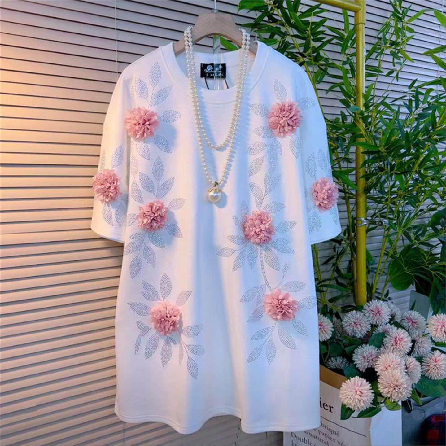 大码女装春季新款甜美休闲风立体花朵短袖上衣重工立体花朵大衫潮