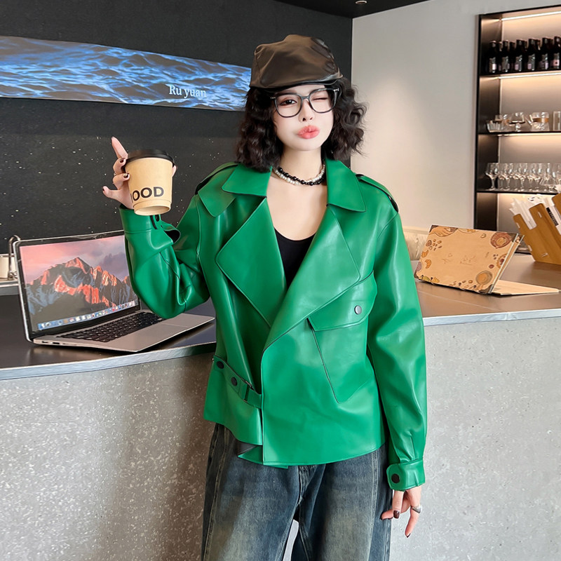 2026新款大码胖MM皮衣外套女款春秋机车服夹克复古翻领高级感上衣