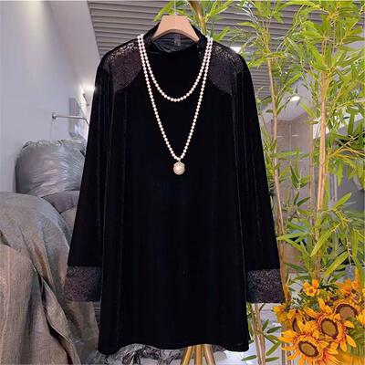 欧货大码女装2025秋冬新款轻奢时尚亮钻蕾丝拼接丝绒长袖打底大衫