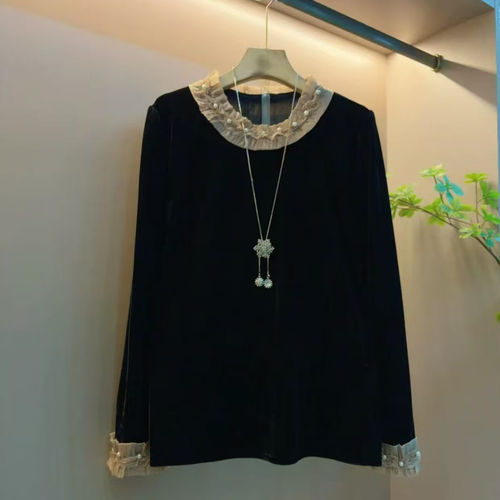 胖mm冬季新中式金丝绒大码小衫时尚百搭长袖打底衫减龄显瘦上衣潮