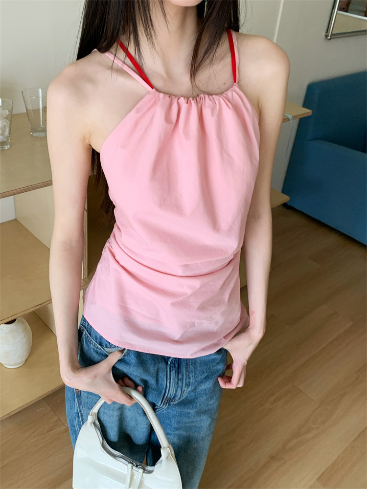 多巴胺粉色背后交叉吊带上衣设计感露背短款无袖显瘦2024夏季新款