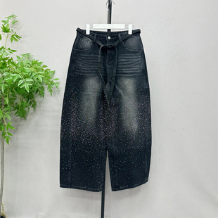 6002H 休闲阔腿长裤 欧货冬高腰烫钻亮闪弯刀加绒牛仔裤 女加厚时尚