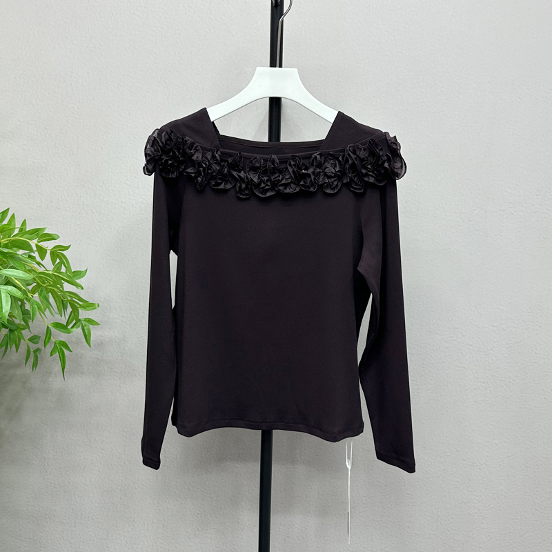 2025秋冬季新款时尚小衫方领拼接剪花上衣长袖T恤打底上衣8572X