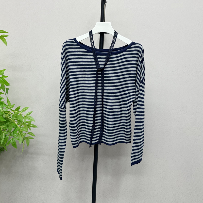 2025秋蕾丝飘带一字肩短袖T恤女季斜肩天丝条纹上衣女装上衣2541H