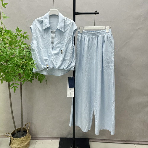 2026春夏新款女装假两件上衣+松紧腰阔腿裤子两件套套装2607H