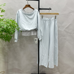 套装 阔腿裤 女2026春短款 卫衣 休闲两件套2618H 长袖 条纹拼接时尚