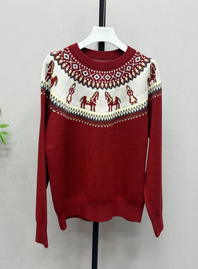 2026冬新款女装红色气质高级感拼色提花圆领针织衫毛衣28507X