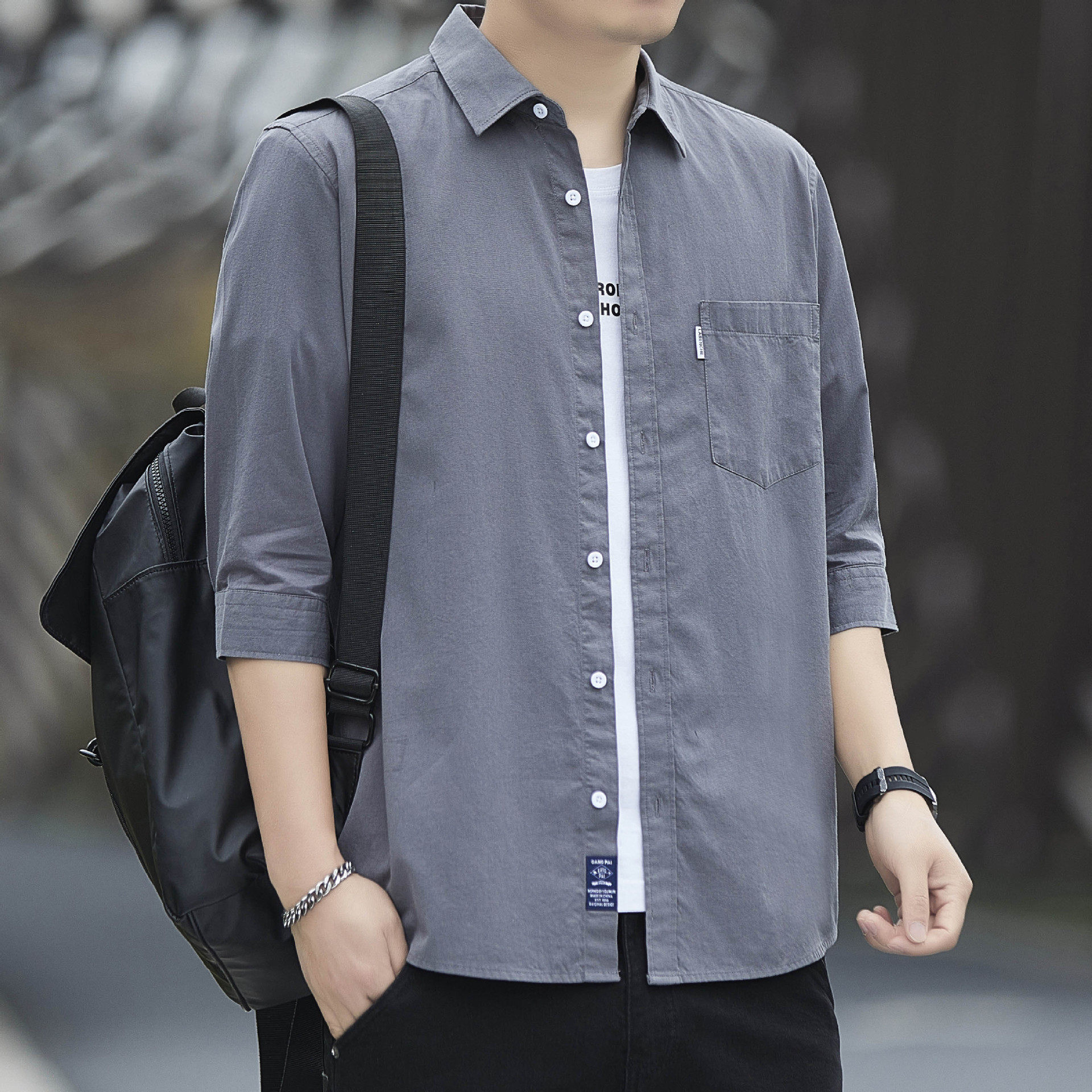 春夏季纯棉七分袖衬衫男士薄款开衫外套休闲百搭工装短袖衬衣宽松