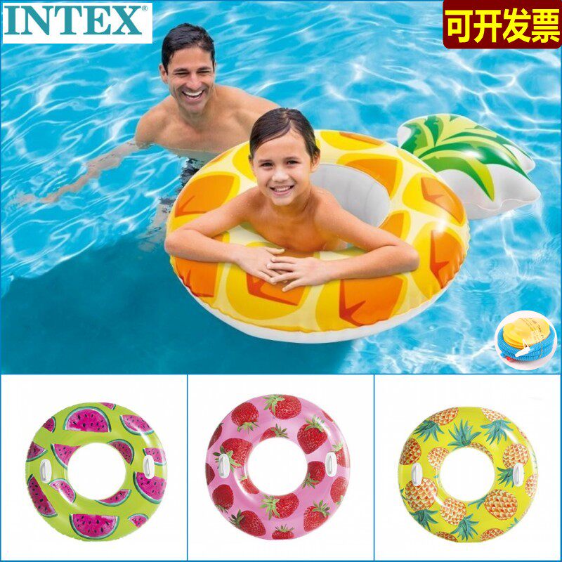 intex正品充气草莓游泳圈带把手酒吧表演造型菠萝儿童成人西瓜圈