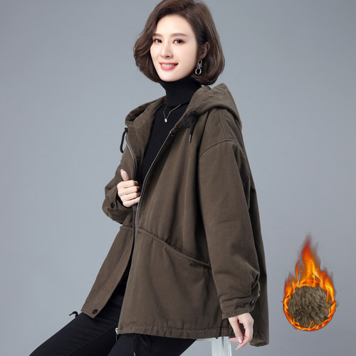 200斤胖妈妈加绒派克服棉服女冬装新款大码宽松冬季爆款棉服外套