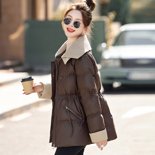 大码皮面羽绒服冬装新款胖MM中长款大翻领时尚爆款冬季加厚皮外套