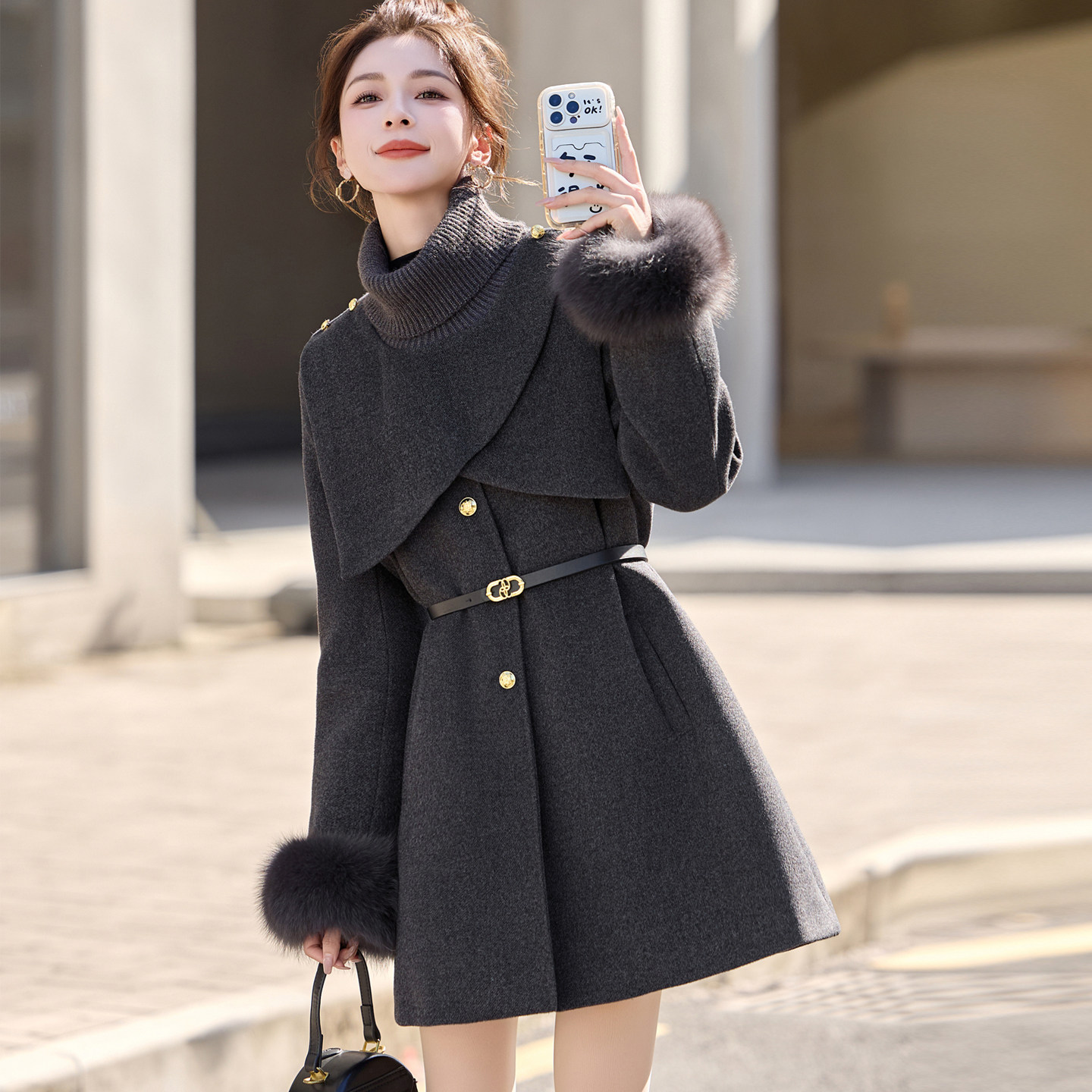 可拆卸披肩毛呢羽绒服女冬装新款胖MM中长款气质收腰冬季保暖大衣